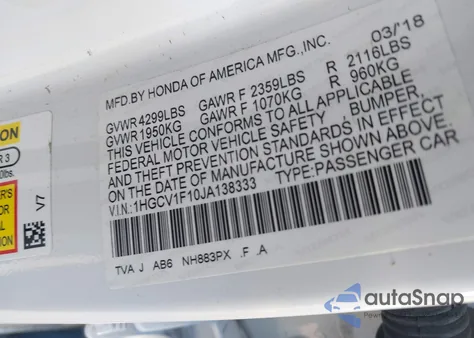 2018 Honda Accord Lx z USA, uszkodzony, nr VIN 1HGCV1F10JA138333